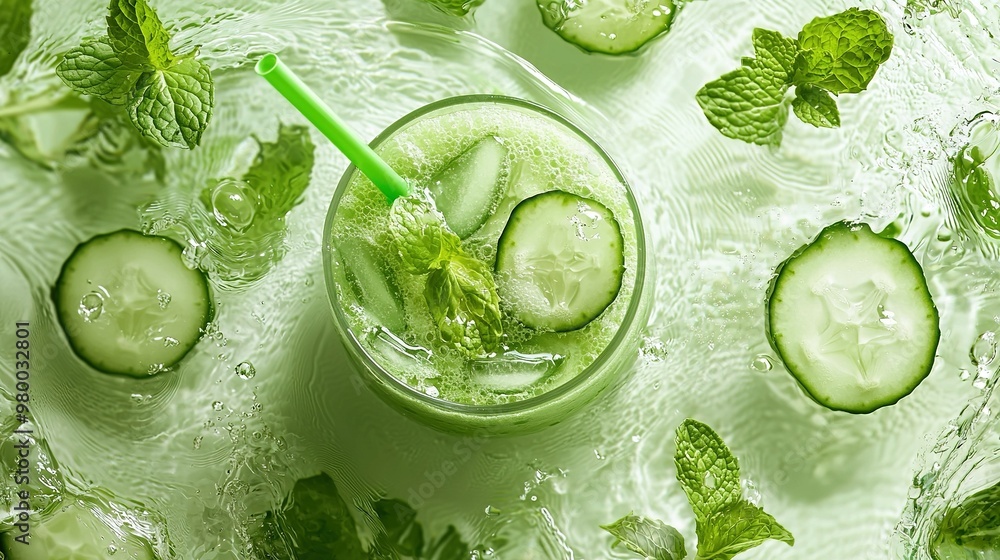 Sticker   A green straw sits atop a refreshing cucumber water glass