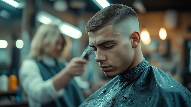  Man getting a haircut in a barbershop, with focus on precise grooming and a modern hairstyle.