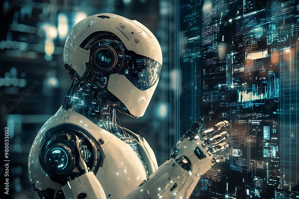 Poster futuristic ai robot analyzing data on a digital screen, technology concept