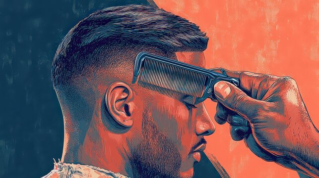  Stylish barber combing client's hair, showcasing precise grooming techniques and modern hairstyling trends.