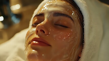 Woman indulging in hydrating facial mask at spa, focusing on skincare, relaxation, and rejuvenation for healthy, glowing skin.
