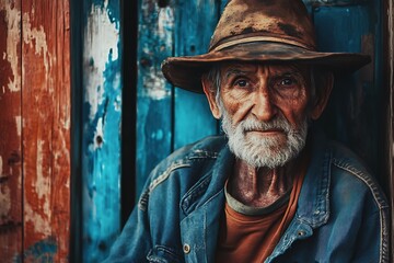 Close up portrait of an elderly man with a white beard and hat, looking at the camera with a smile