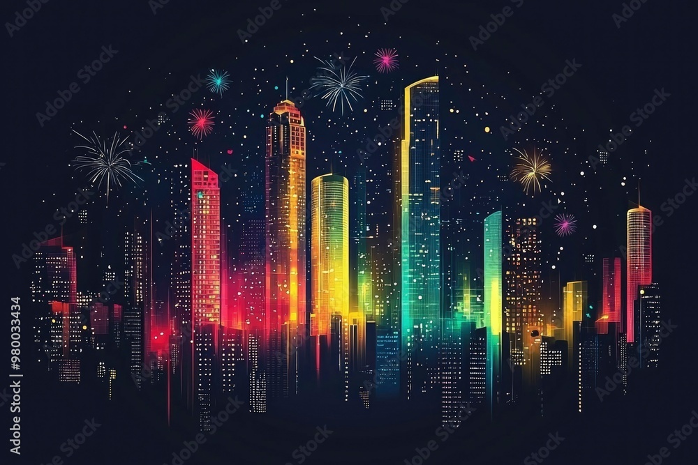 Wall mural Vibrant Cityscape with Fireworks Display at Night