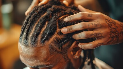  Hands carefully work on tight braids, showcasing detailed hair artistry and cultural care in hairstyling. A close-up view of creative, skilled hair work.