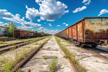 Obraz premium Aged cargo trains at a dilapidated station under a bright clear sky