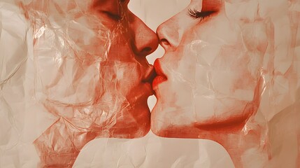 Volumetric illustration of a kiss. Texture of crumpled paper.