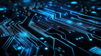   A high-resolution image of a microscopic detail of an electronic circuit board, featuring intricate patterns in blue and black