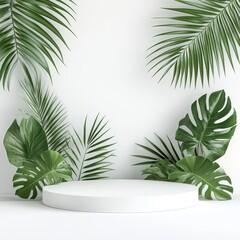 Obraz premium white podium with tropical leaves on a white background 