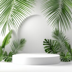 Obraz premium white podium with tropical leaves on a white background 