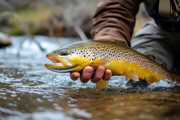 Angler landing brown trout in a Montana river