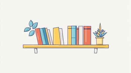 Simple Line Drawing of Colorful Books on a Shelf. 
