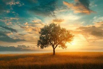 Fototapeta premium Lone tree silhouette in golden field at sunset with dramatic clouds, nature landscape