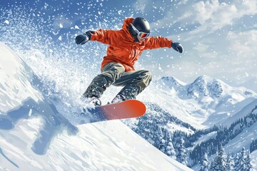 Snowboarder in Orange Jacket Carving a Turn on a Snowy Mountain