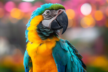 Obraz premium Colorful exotic macaw parrot with vibrant feathers, closeup portrait in a blurred floral background