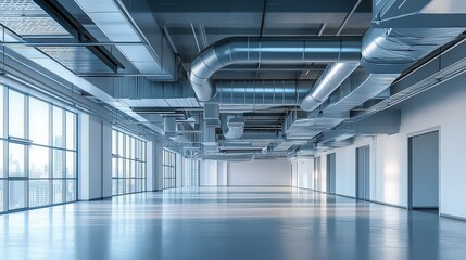 Obraz premium Large empty industrial interior space with exposed metallic ventilation system. Captures clean modern design and functional architecture.