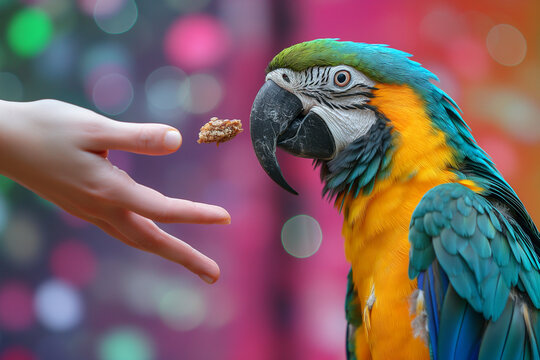 Hand feeding a vibrant macaw parrot in nature with a bokeh background of colorful wildlife