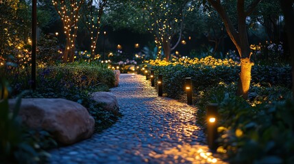 Naklejka premium Illuminated garden path lined with glowing lights and trees, creating a magical atmosphere. Ideal for peaceful evening walks.