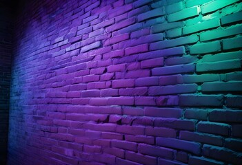 Naklejka premium surreal and dreamlike, An industrial-style brick wall featuring intense green and purple lighting, with contrasting dark corners, creating depth and a sense of intrigue in the background., saturated, 