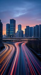 Obraz premium High speed motion blur from cars on an urban highway at twilight