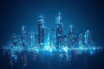 Obraz premium Futuristic Cityscape with Glowing Towers and Reflections