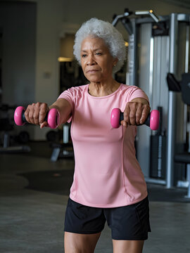 Anciana negra haciendo ejercicio en el gimnasio con maquinaria para entrenamiento de fuerza
