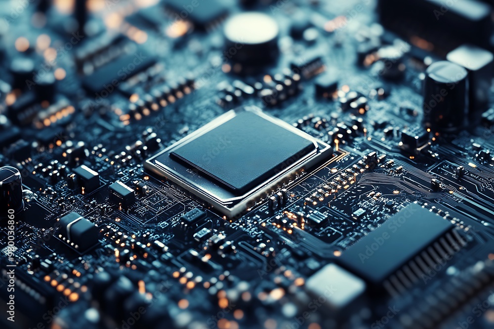 Poster close up of a microprocessor chip on a circuit board, technology and electronics concept