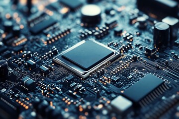 Close up of a microprocessor chip on a circuit board, technology and electronics concept