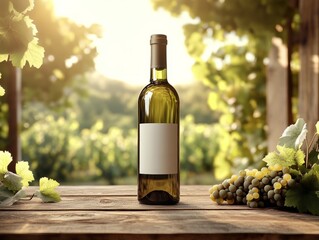 Fototapeta premium Wine bottle with grapevine branch on the wood table on vineyard background 