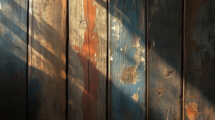Weathered wood panels show textures, peeling paint, and sunlight casting nostalgic, rustic shadows.