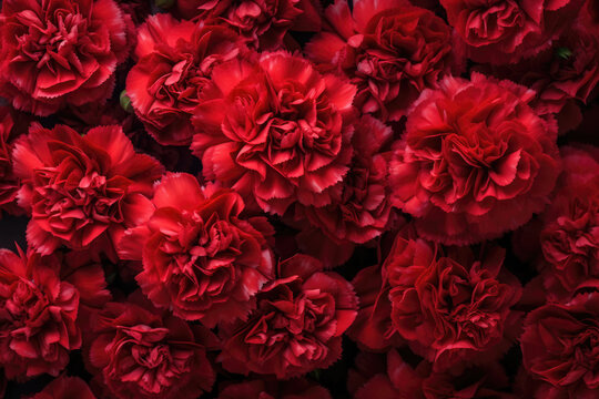 Red carnation flowers background, flat lay, close-up
