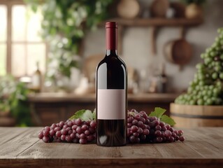 Wine bottle with grapevine branch on the wood table on vineyard background  