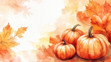 Naklejka premium Watercolor Painting of Pumpkins and Leaves with a Fall Theme in a Minimalist Style. Features Autumn Colors and Copy Space for Customization.