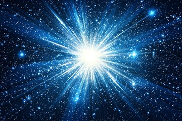 A Bright Light Emitting Rays and Sparkling Particles in a Blue and White Space
