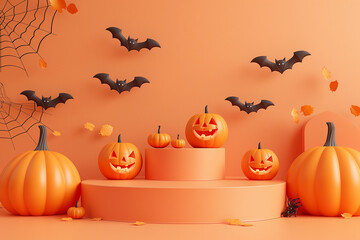 A Halloween scene with pumpkins and bats on a stage