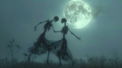 Fototapeta premium Mysterious and Ethereal Skeletal Figures Performing a Supernatural Dance Ritual Under the Glowing Full Moon in a Moody Atmospheric Landscape with an Ominous Haunting Presence