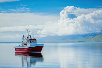 Big fishing vessel on tranquil waters under cloudy skies near Iceland s West Fjords