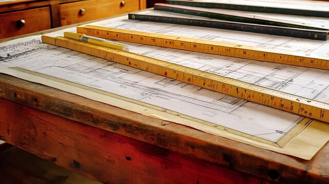 Architectural blueprints with rulers on a wooden drafting table in a design workspace