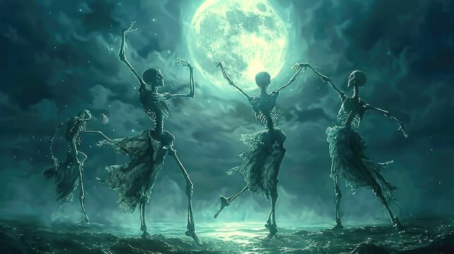 Ghostly skeletal creatures performing a haunting otherworldly dance under the piercing gaze of a sinister ominous moon in a dark foreboding night  This surreal