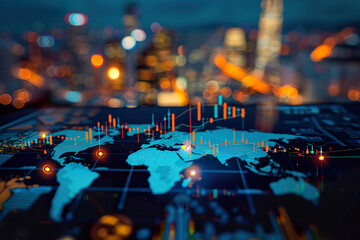 A computer screen shows a map of the world with glowing lights.,