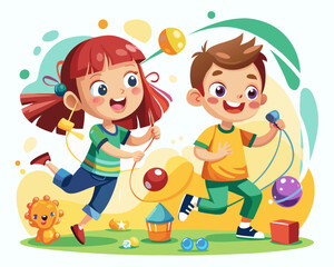 Two happy children cartoon playing stock illustration