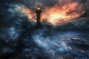 Lighthouse standing tall against stormy sea and dark cloudy sky. Concept of hope, guidance, and safety.