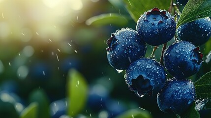   A tree full of blue berries, with water droplets and surrounding green foliage