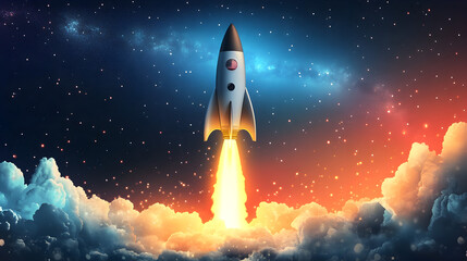 Rocket ship launching into space with a clear sky.



