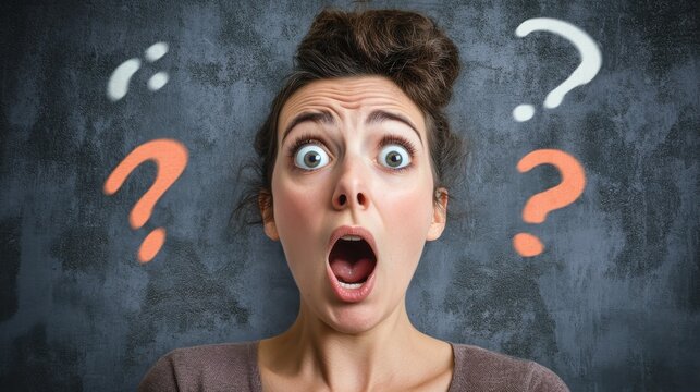 A shocked woman expresses uncertainty and confusion, surrounded by question marks, highlighting a moment of surprise and inquiry.