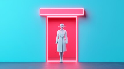 Fototapeta premium A stylish mannequin in a modern setting, showcasing a fashionable coat against a vibrant blue and pink backdrop.