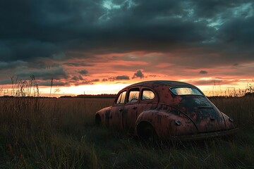 Fototapeta premium Rusty vintage car abandoned in field at sunset