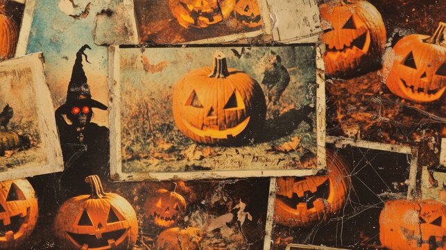 A vibrant collage of vintage Halloween photographs featuring playful jack-o'-lanterns and a spooky witch for a festive touch.