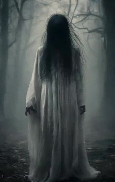 A ghostly woman with long, flowing hair wears a tattered white gown.and her hair falls in dark, unkempt strands. video background