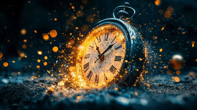 An artistic representation of a clock exploding with vibrant colors and dynamic particles, symbolizing the passage of time.