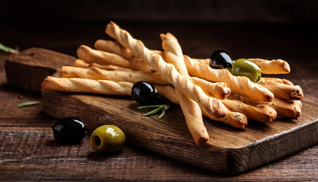 Italian traditional Grissini breadsticks with olives and rosemary on wooden board